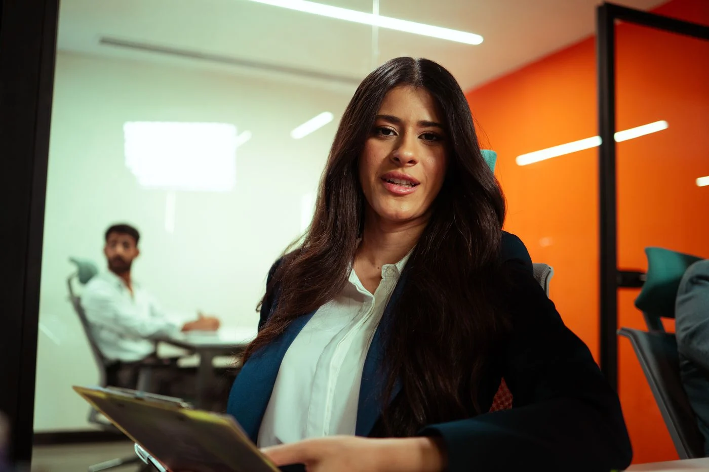 Illustrative scene of a woman in a professional meeting